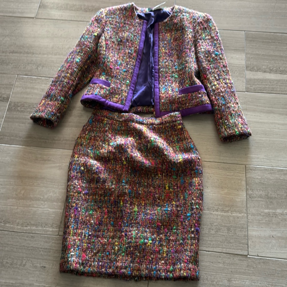 Textured Tweed Suit with Purple Accents